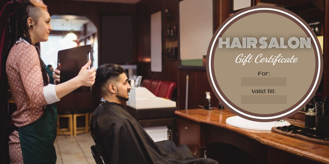 Hairdresser Giving Man Haircut at Salon Gift Certificate Template - Download Free Stock Templates Pikwizard.com