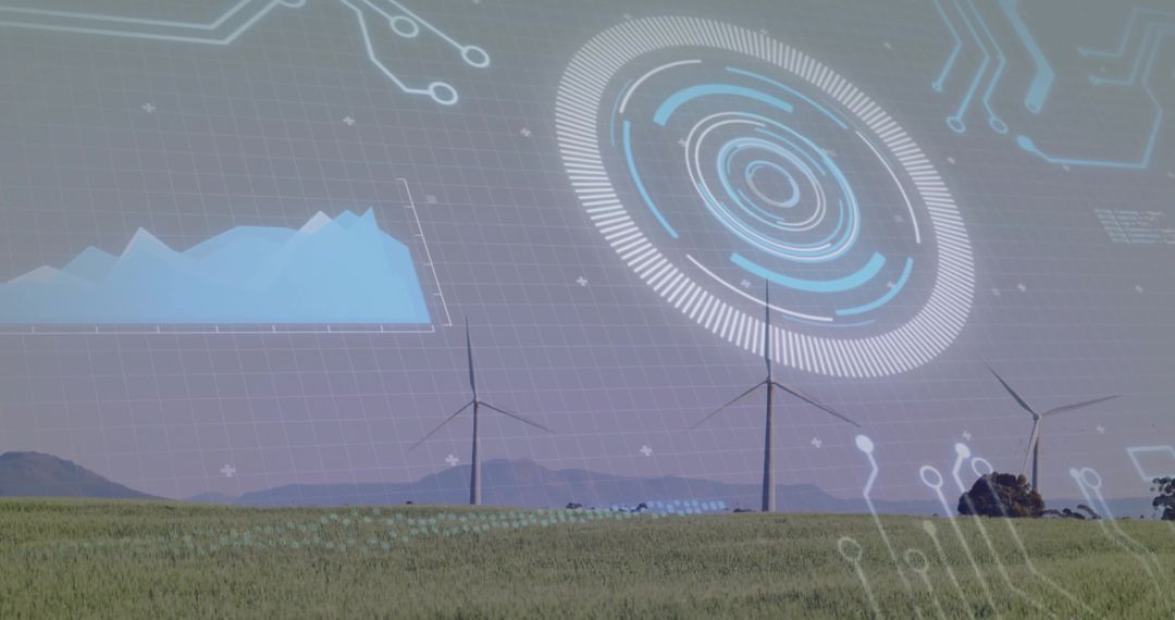 Wind Turbines with Digital Interface Overlay Representing Renewable Innovation
