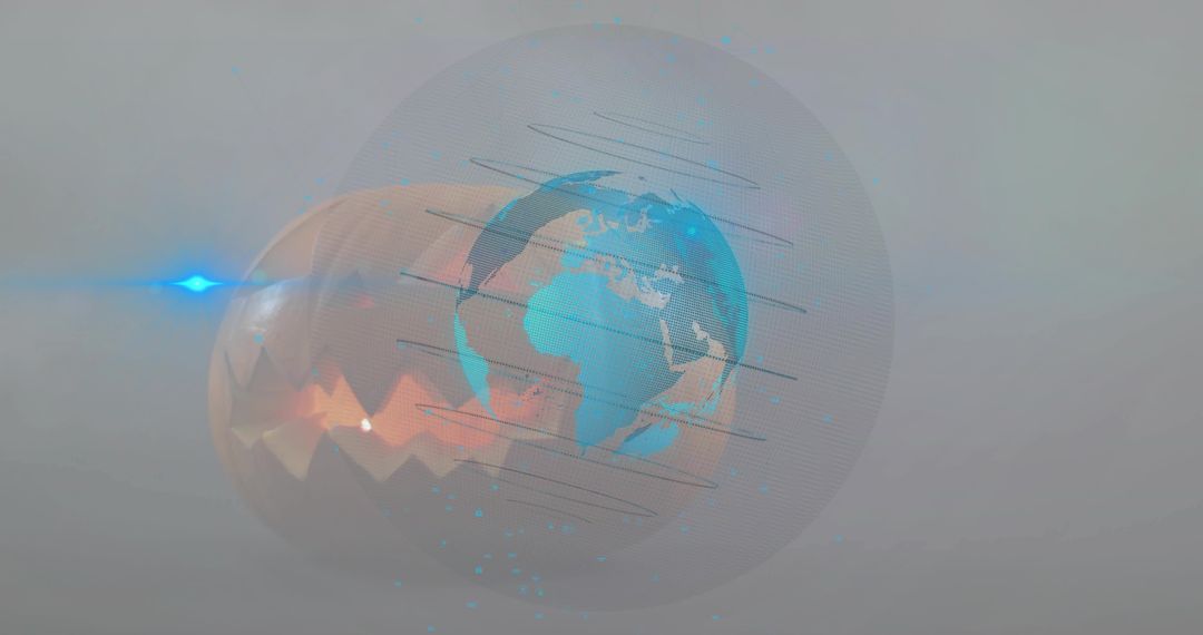 Rotating Holographic Earth Globe with Wireframe Scanlines, Cyan Orange Glow