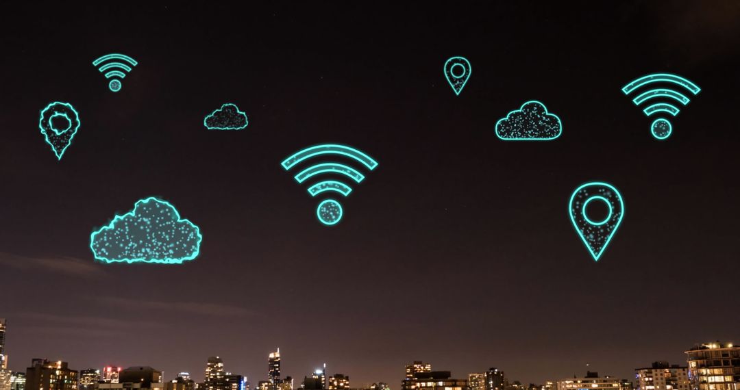 Cityscape with Digital Clouds and Connectivity Icons at Night