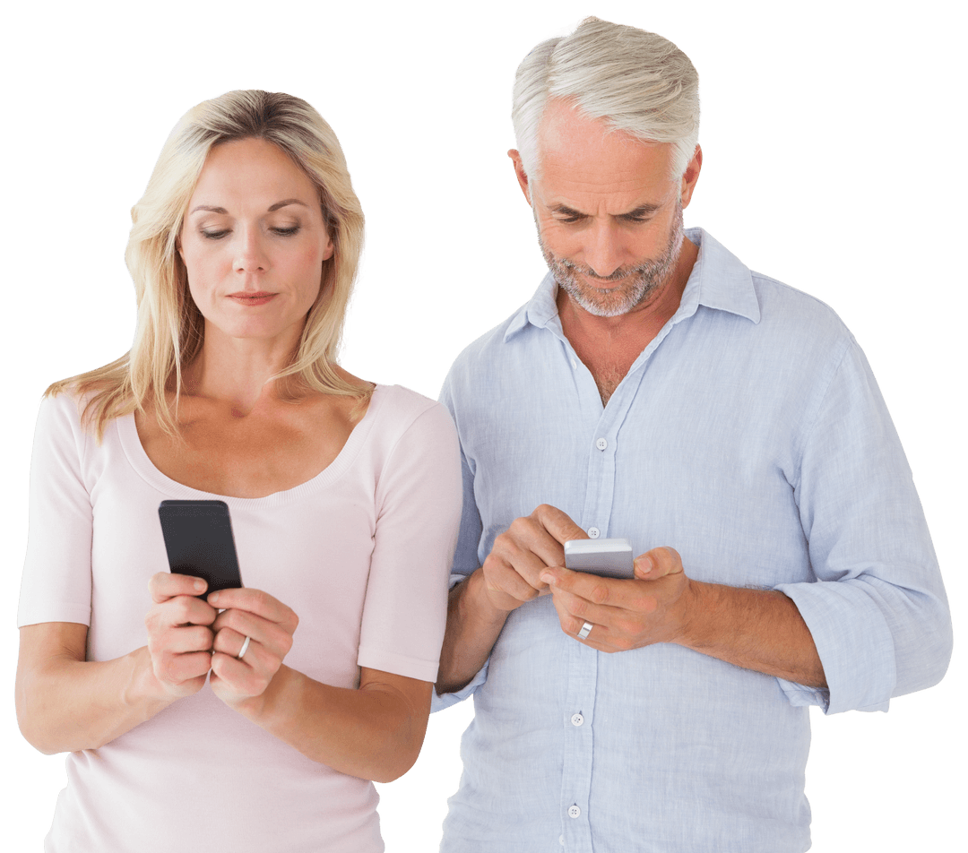Mature Couple Using Smartphones with Transparent Background