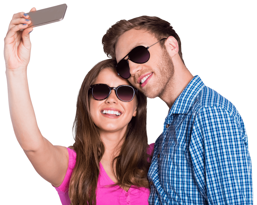 Cheerful Couple with Sunglasses Taking a Transparent Smartphone Selfie