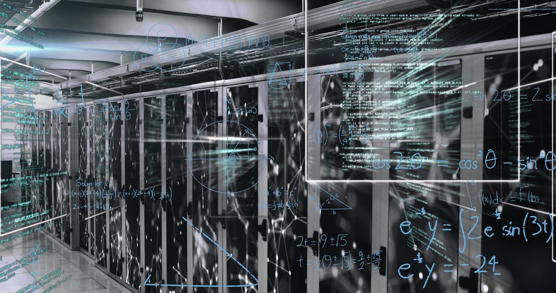 High-Tech Server Room with Digital Data Interface Overlay