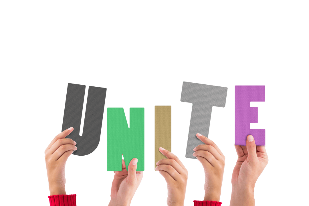 Hands Holding Colorful Letters Forming Word Unite Transparent Vector