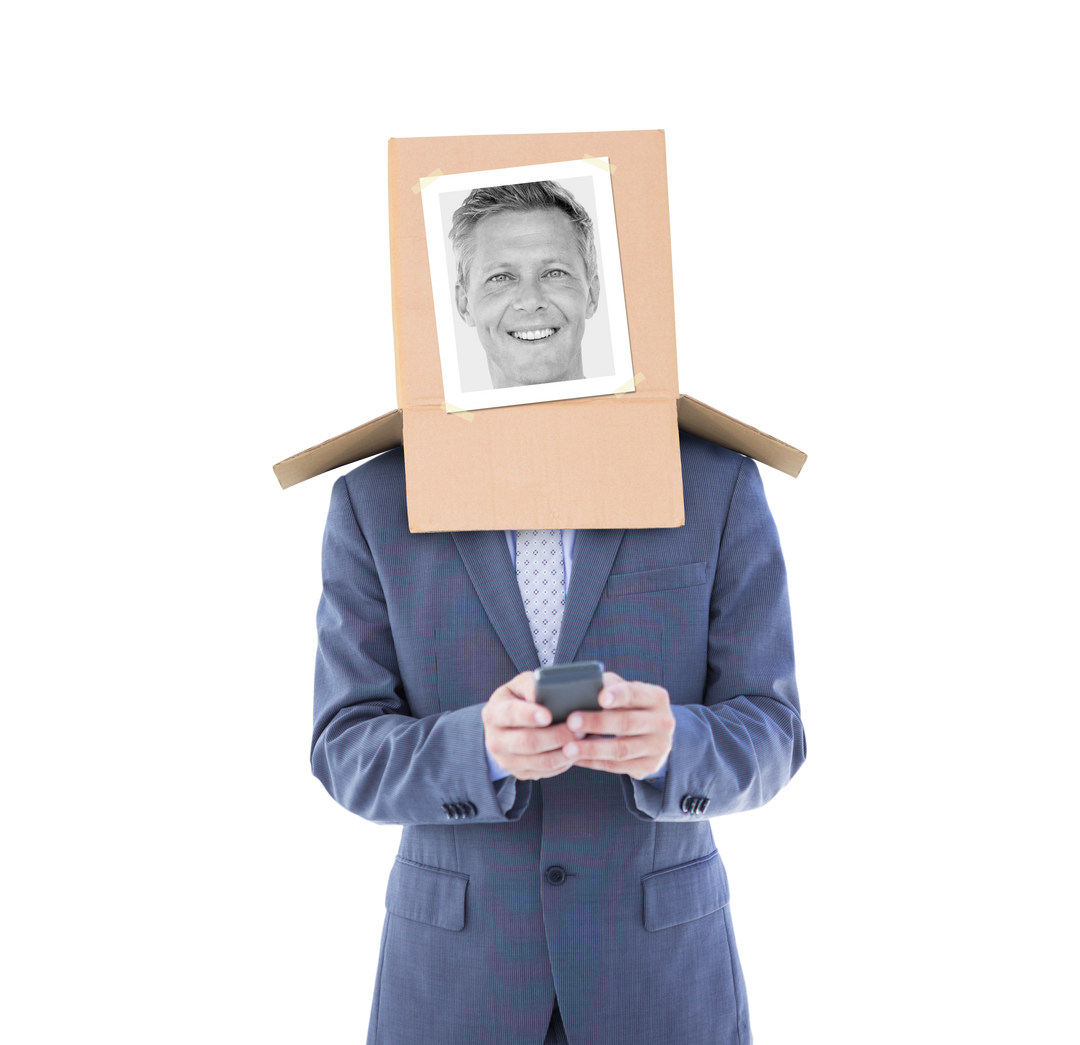 Transparent Businessman with Cardboard Box Head Using Smartphone - Download Free Stock Images Pikwizard.com