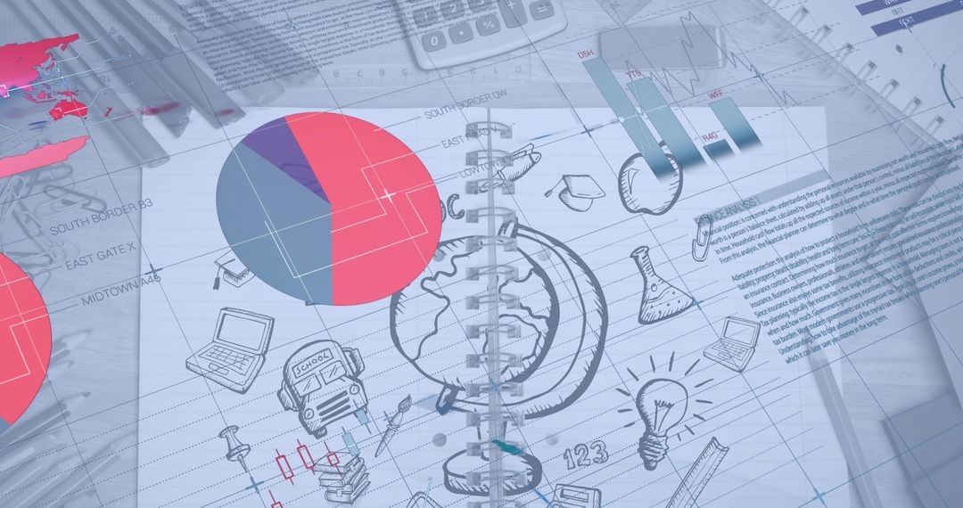 Infographic Interface Overlaid on Notebook with Charts and Doodles