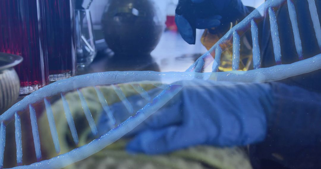 DNA Double Helix with Laboratory Equipment in Background