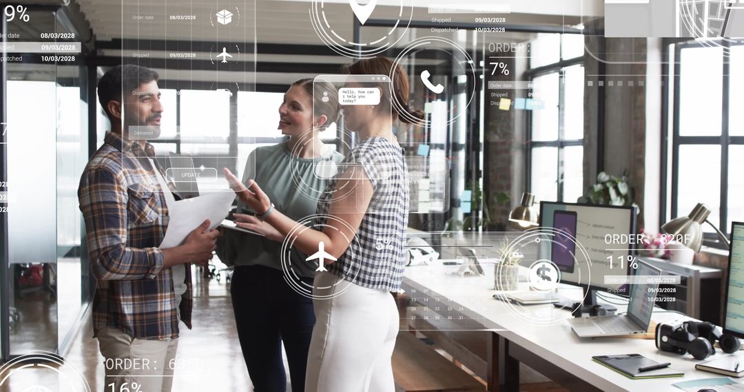 Diverse Colleagues Discussing Data in High-Tech Office Environment