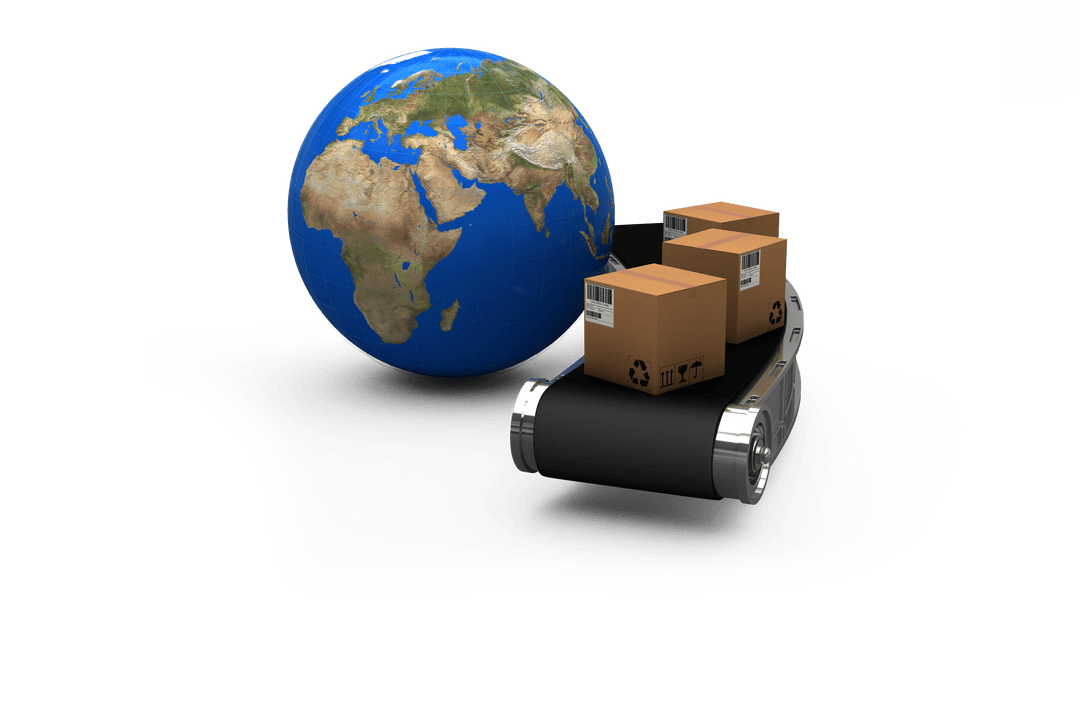 Transparent Globe with Boxes on Conveyor Line for Global Shipping Concept