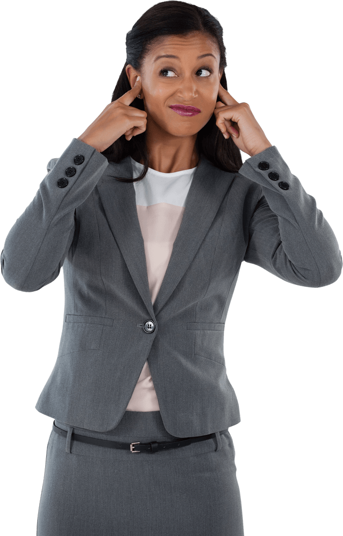 Transparent Businesswoman Closing Ears in Grey Suit Unbothered Expression