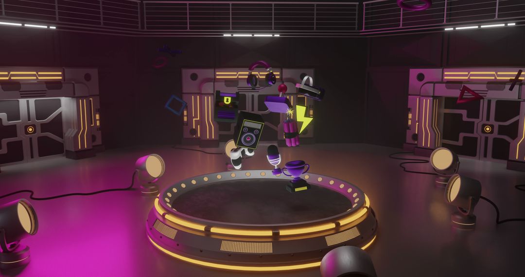 Neon Gaming Elements with Spotlight Stage in Futuristic Setting