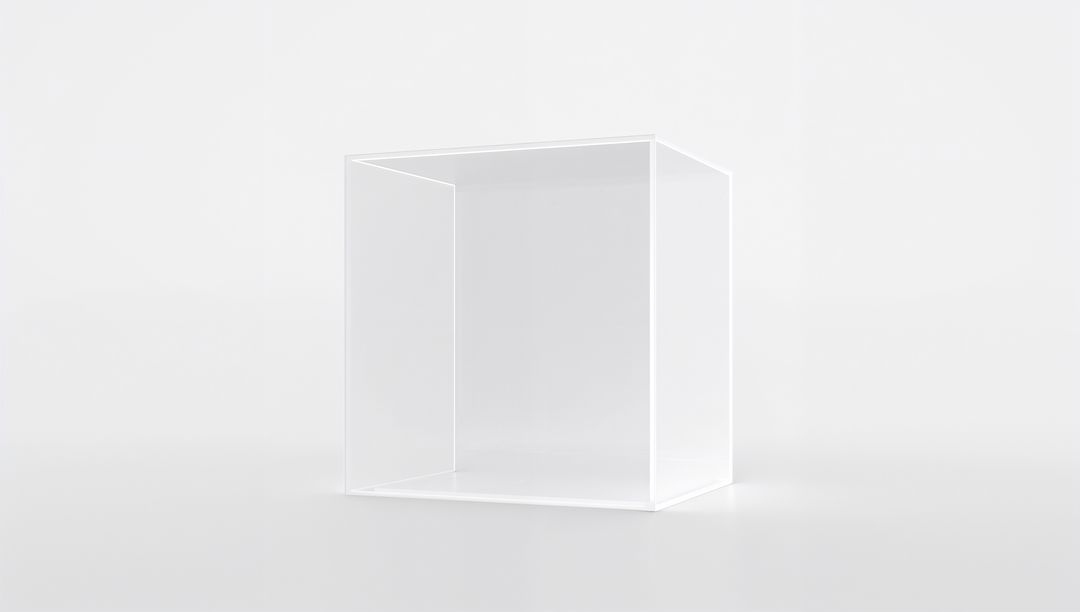 Minimal Transparent Glass Cube with Lit Edges Reflecting on Glossy White Surface