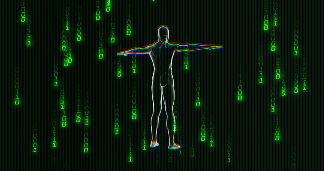 Digital Human Silhouette Spinning in Binary Code Interface