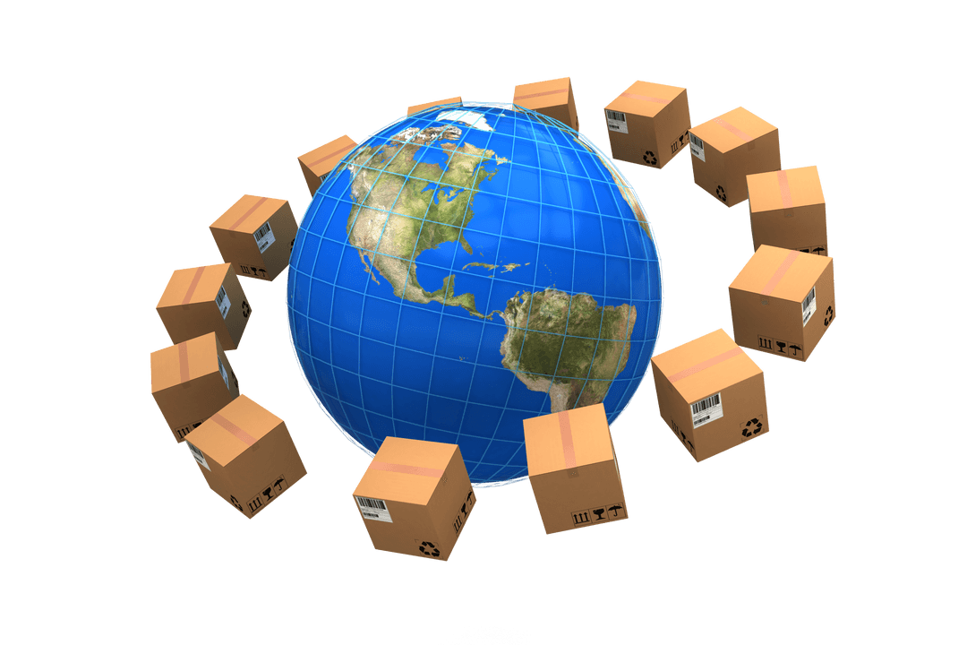 Transparent Globe Surrounded by Cardboard Boxes Displaying Global Shipping