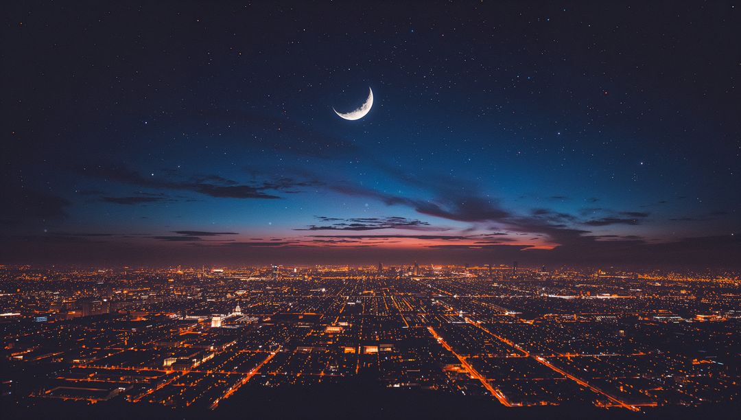 Twilight Cityscape with Crescent Moon and Urban Grid Design