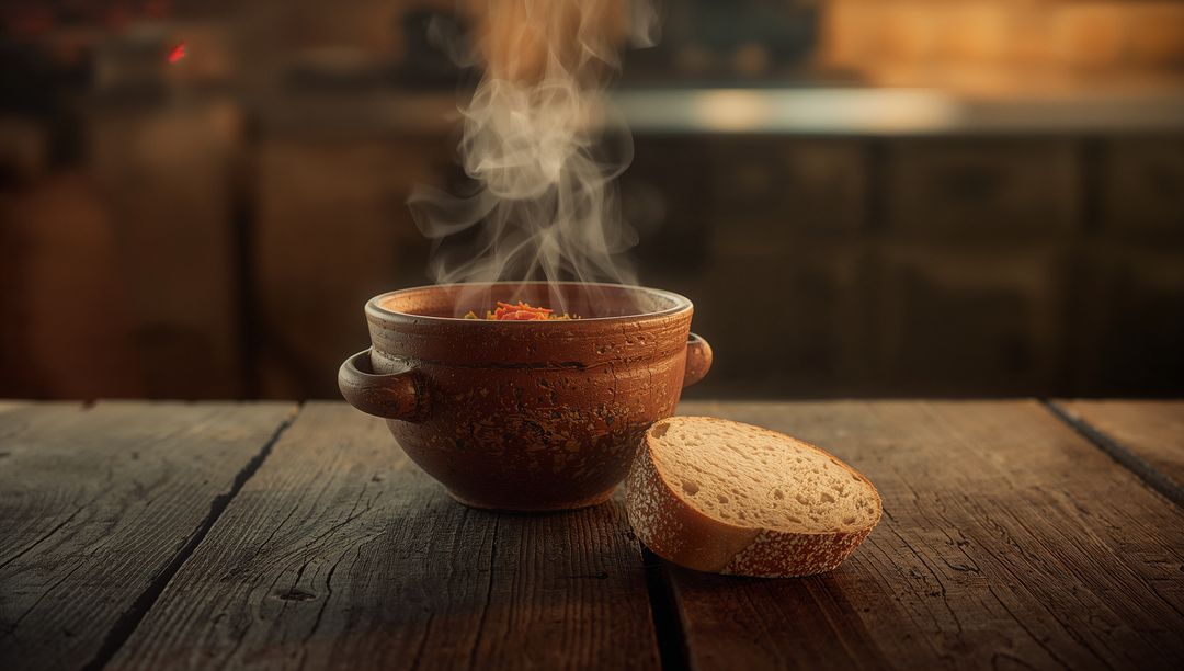 Steaming Earthenware Bowl with Bread on Rustic Wooden Table