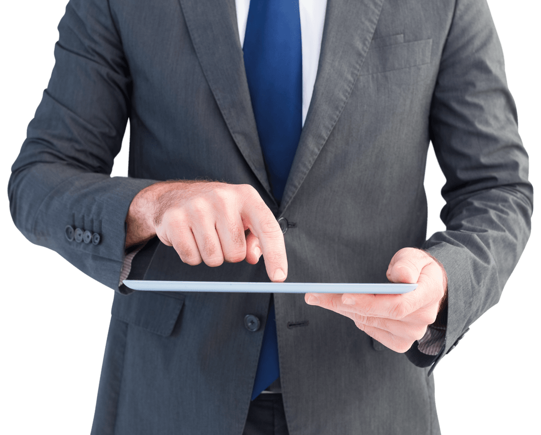 Businessman in Suit Using Transparent Tablet for Modern Digital Experience