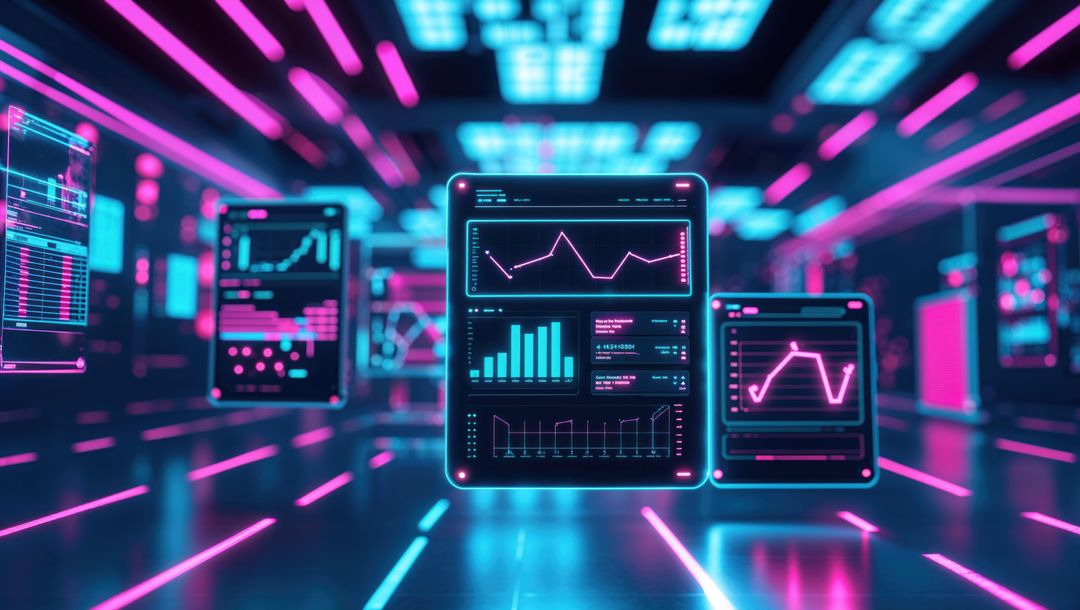 Futuristic Holographic Data Panels in Neon Digital Corridor