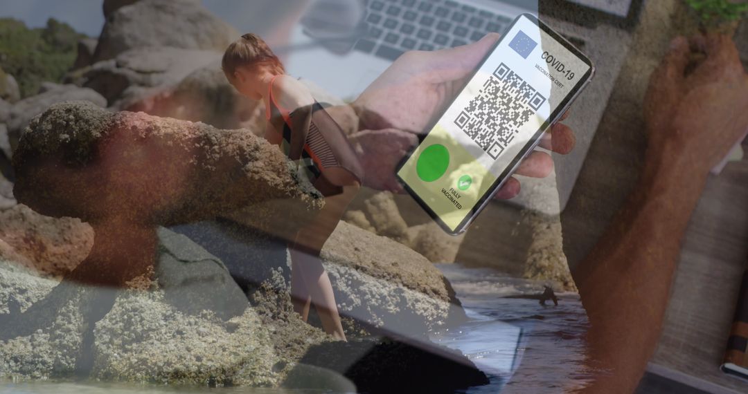 Digital QR Code Concept Overlaid on Beach Scene