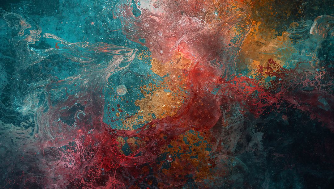 Dynamic Swirling Abstract Fluid with Teal, Crimson and Gold