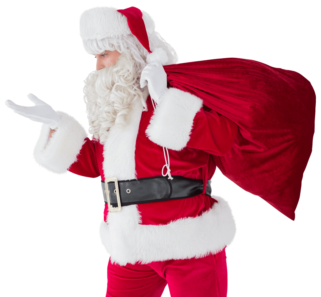Santa Claus Holding Sack and Gesturing with Hand Transparent Background