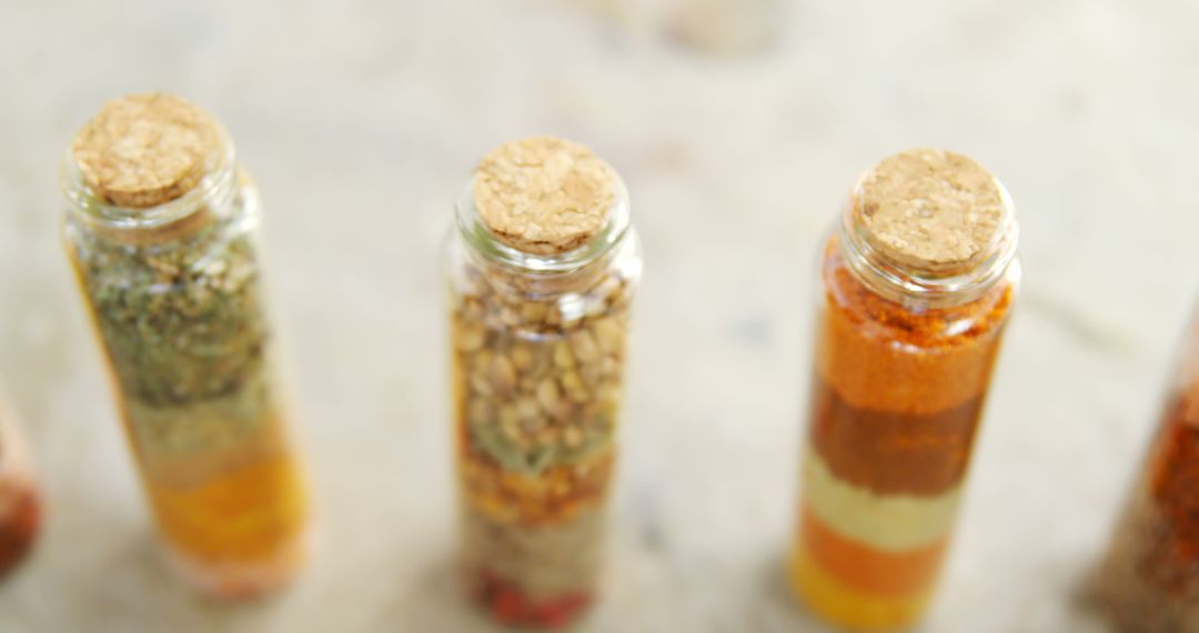 Stacked Spices in Glass Bottles with Corks on Light Background - Free Images, Stock Photos and Pictures on Pikwizard.com