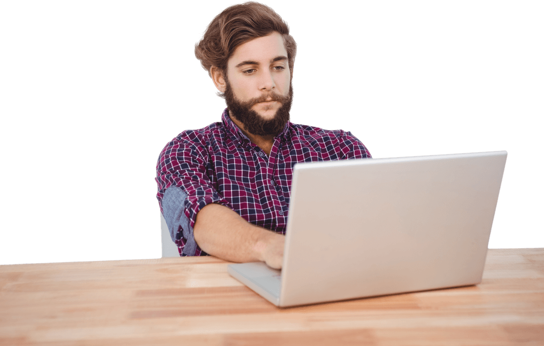 Bearded Hipster Man Using Laptop on Transparent Background