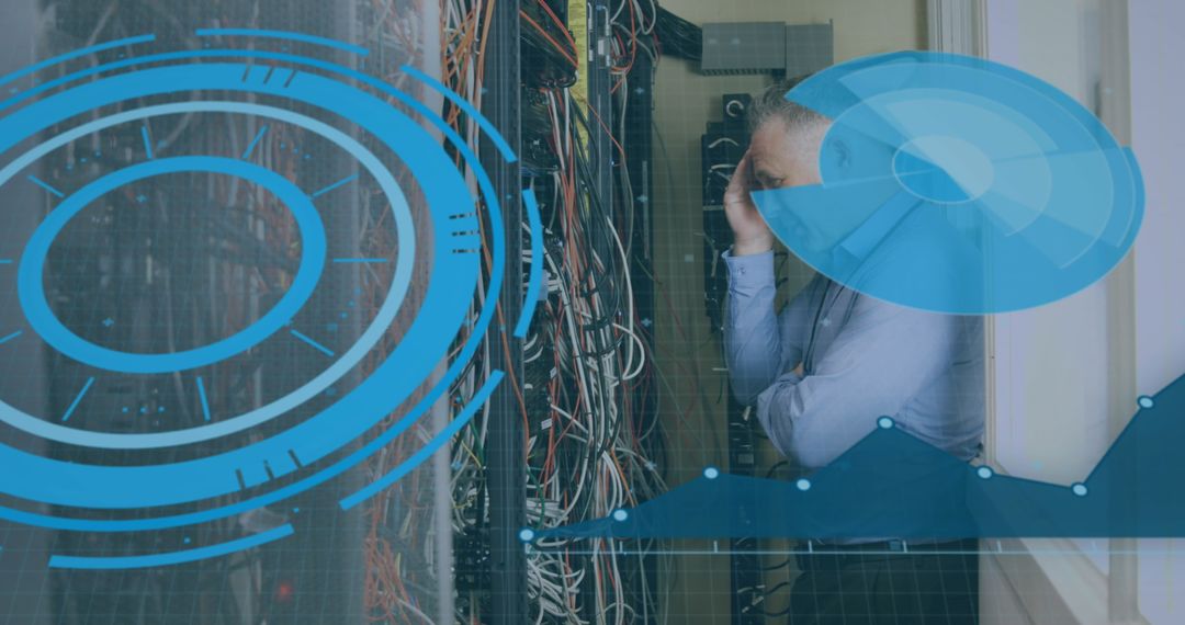 Digital Interface Overlay on Server Room Technician