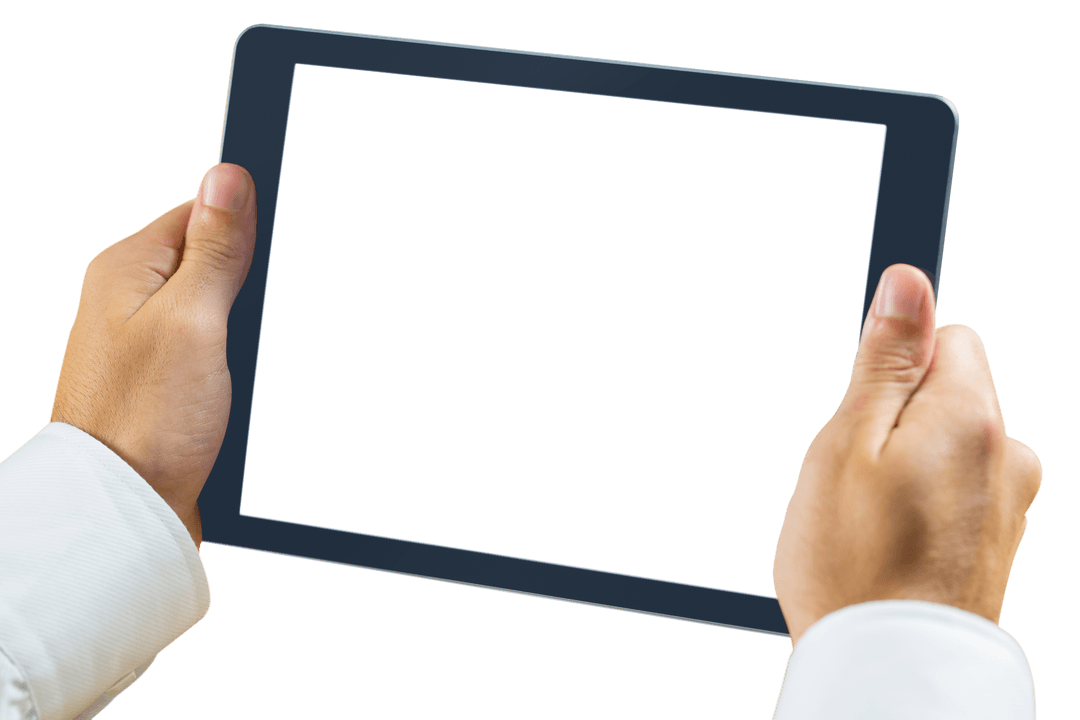 Close-up Overlay of Businessman Hands Holding Transparent Tablet
