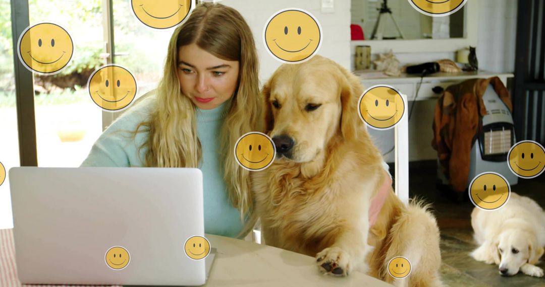 Woman with Golden Retriever Using Laptop in Cozy Home Environment