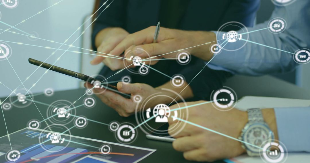 Team Collaborating Over Digital Networks with Technology Icons