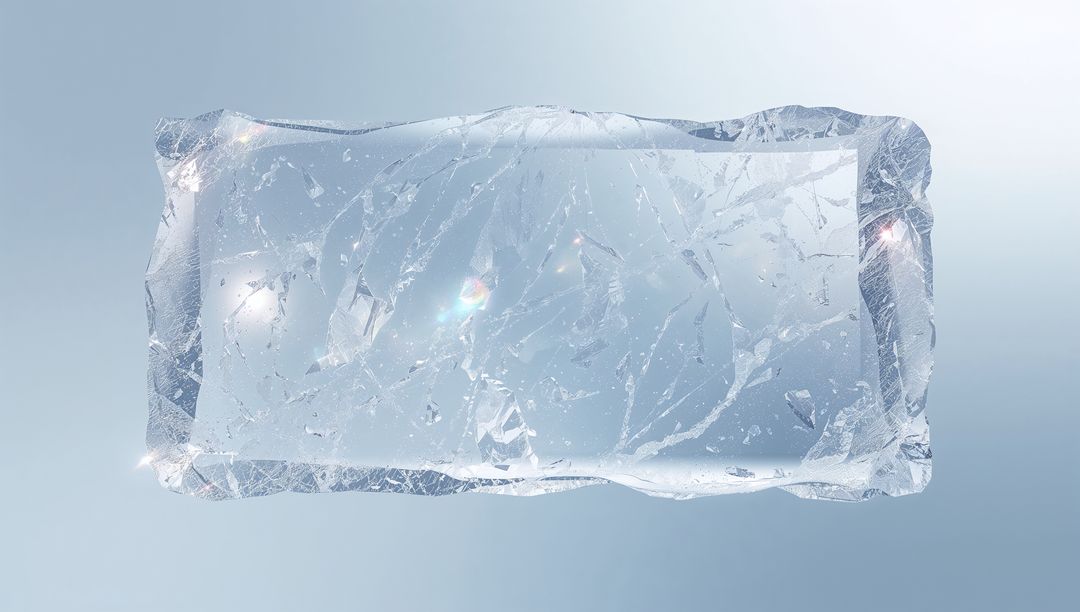 Floating Rectangular Ice Block Showing Cracked Veins and Prism Glints, Translucent Crystal Slab