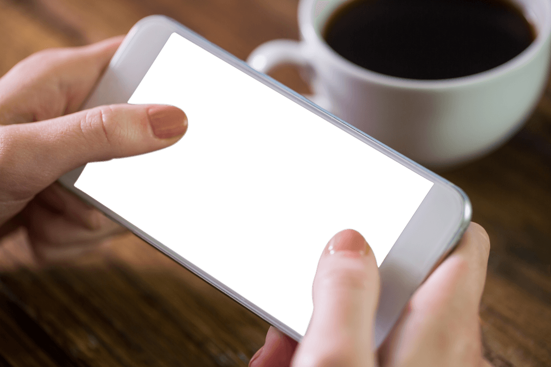 Transparent Smartphone Usage with Coffee Cup Background