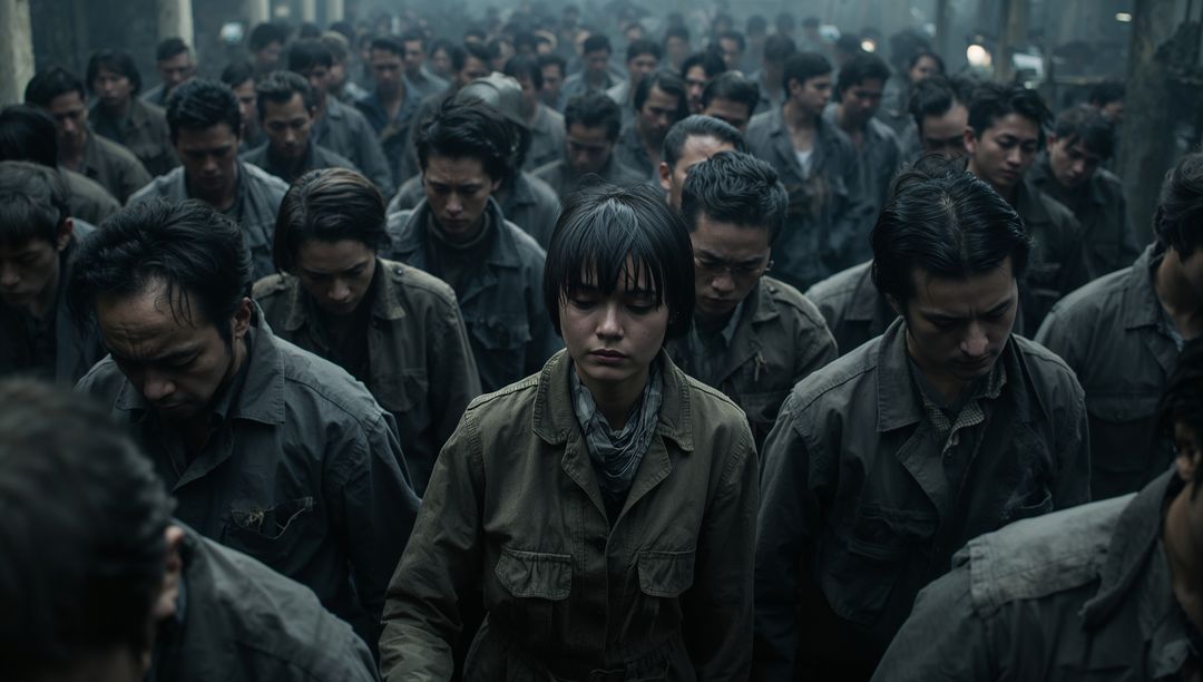 Somber Workforce Bowing in Industrial Factory Setting