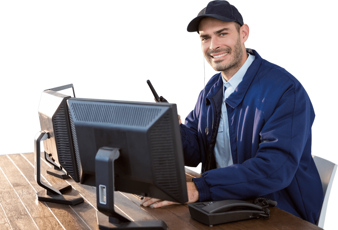 Smiling Security Officer at Desk with Computer on Transparent Background