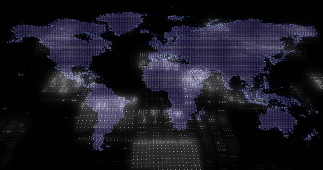 Futuristic World Map with Digital Grid and Glowing Code