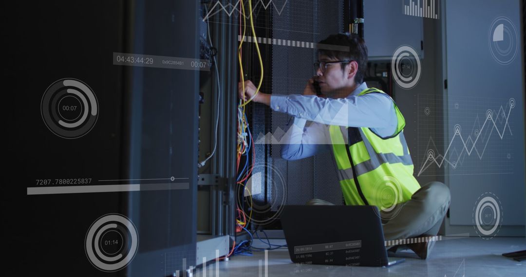 Technician Managing Server Maintenance with Digital Interface Hologram