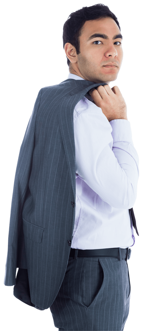 Serious Businessman Looking Backward on Transparent Background