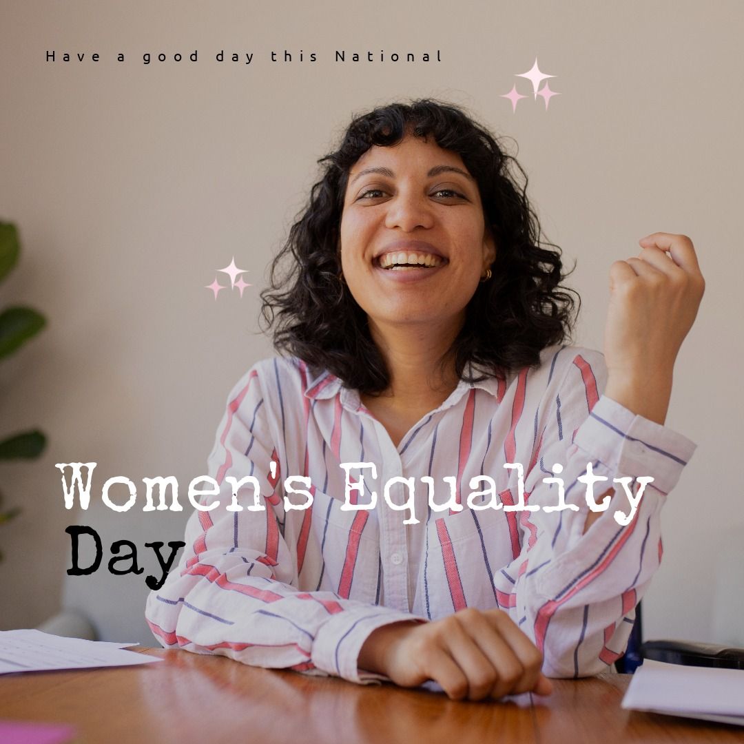 Celebrating Women's Equality Day with a happy biracial woman at her desk. - Download Free Stock Templates Pikwizard.com
