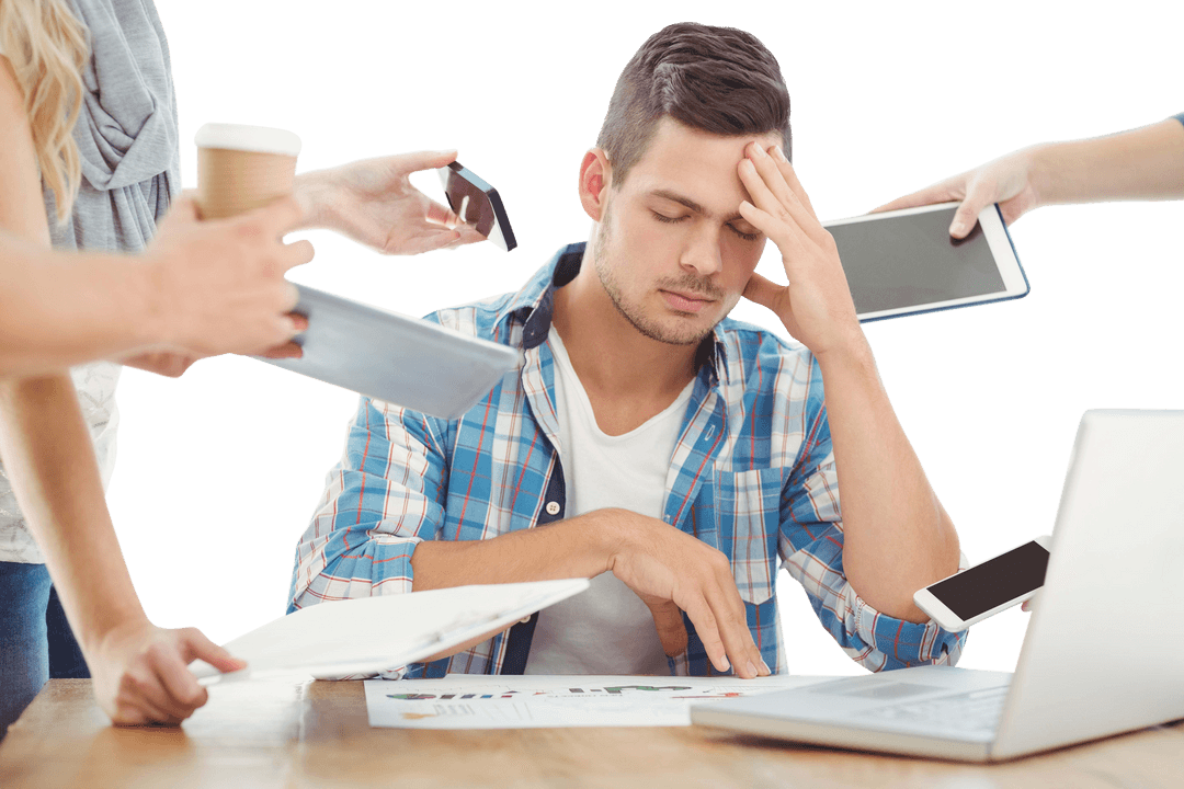 Stressful Businessman Surrounded by Tasks Transparent Background