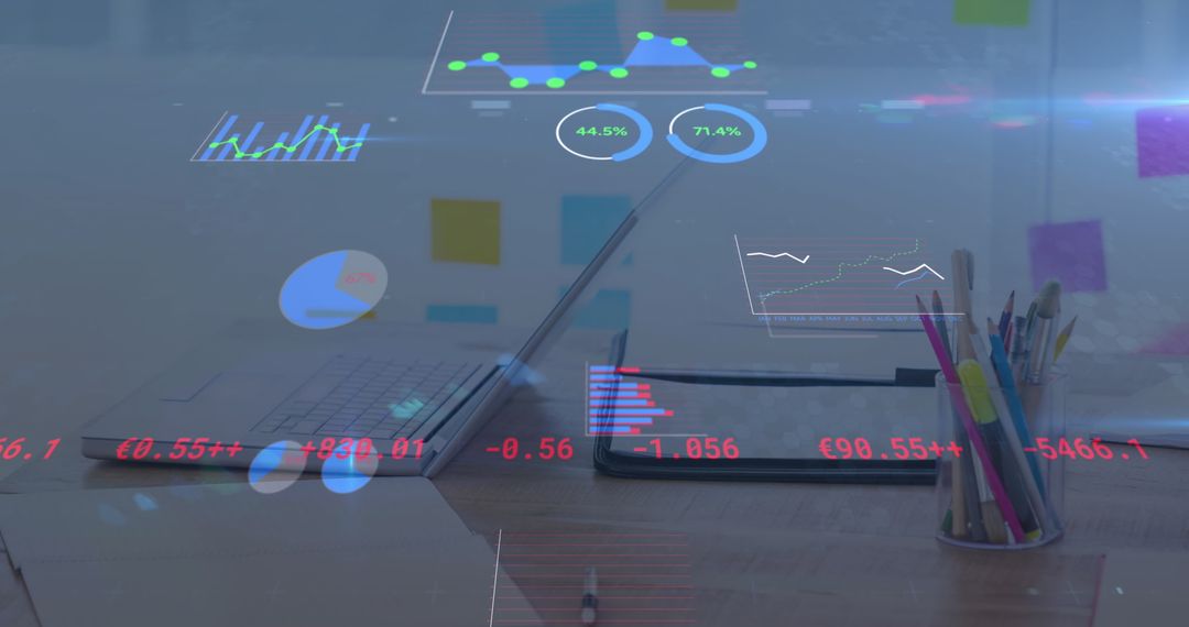 Digital Data Analytics Overlaid on Modern Office Workspace