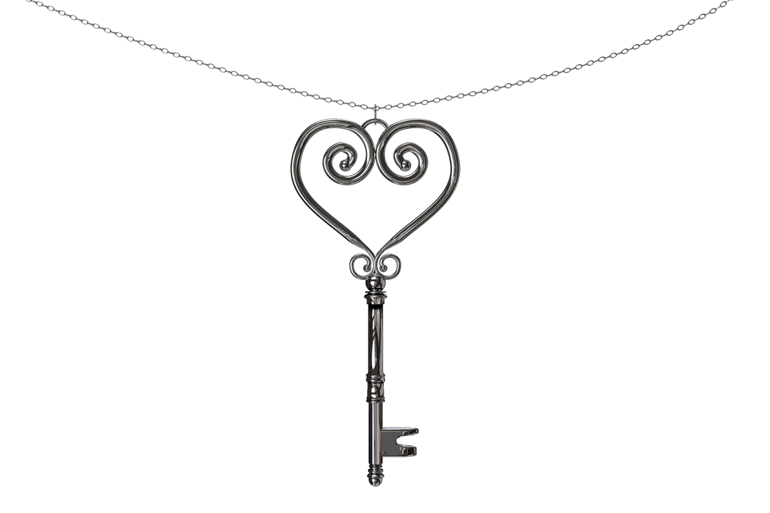 Silver Ornate Key Pendant on Chain with Transparent Background