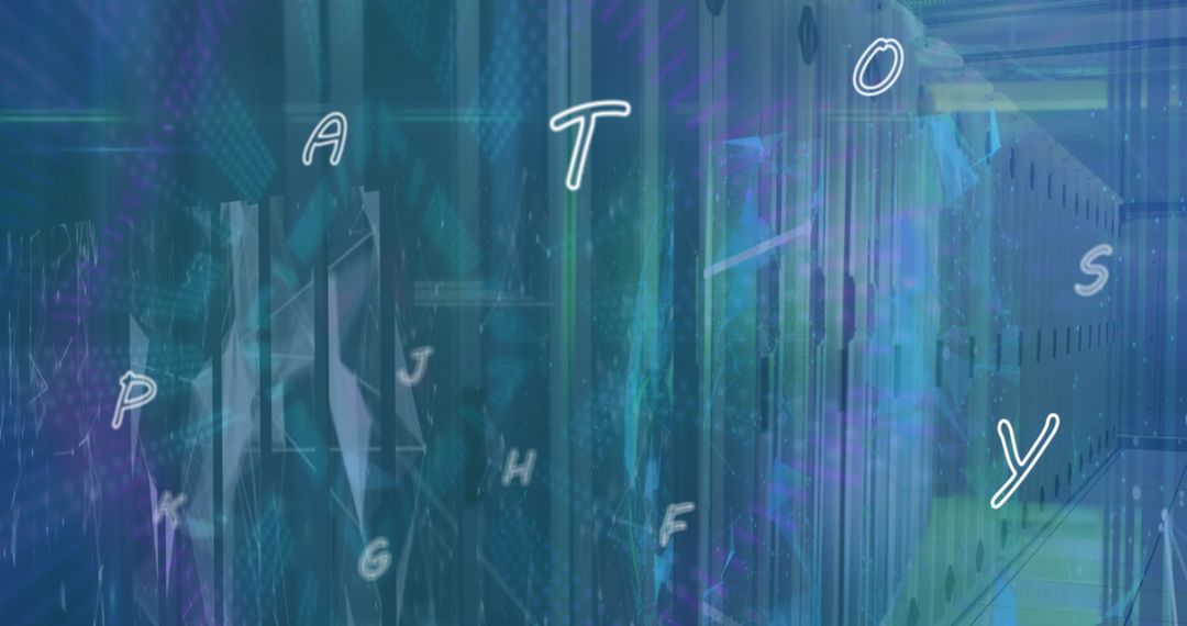 Abstract Digital Interface Overlaying Modern Server Room