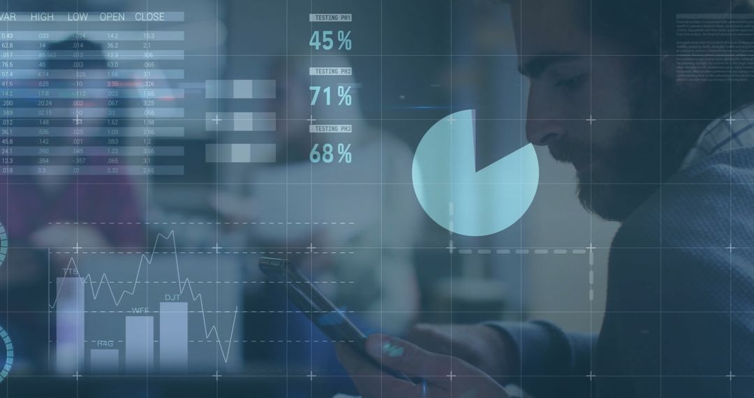 Businessman Analyzing Financial Data in Office with Futuristic Interface
