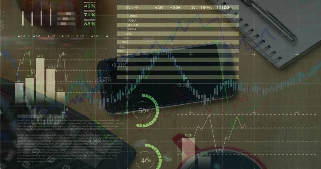 Financial Data Analysis on Office Desk with Gadgets and Graphs