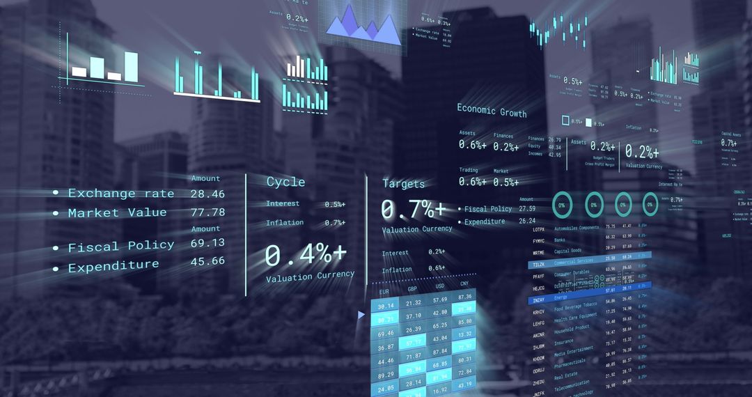 Holographic financial data over urban skyline