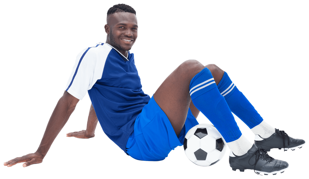 Smiling African American Soccer Player with Ball on Transparent Background