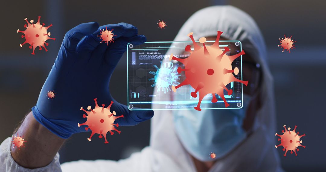 Scientist Analyzing Virus with Futuristic Tech Interface