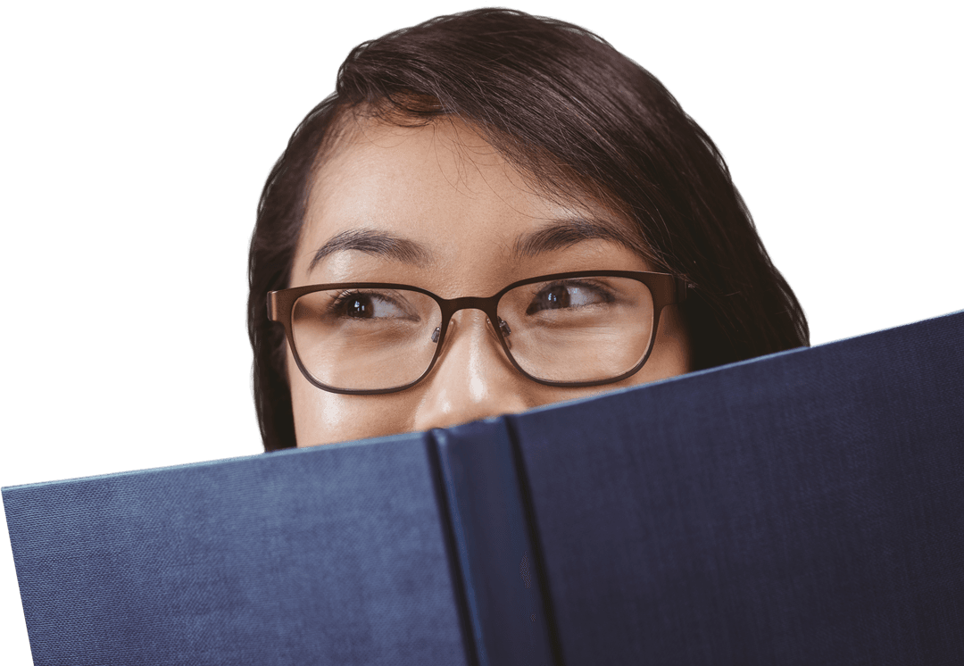Creative Student Peeking Over Book in Transparent Background