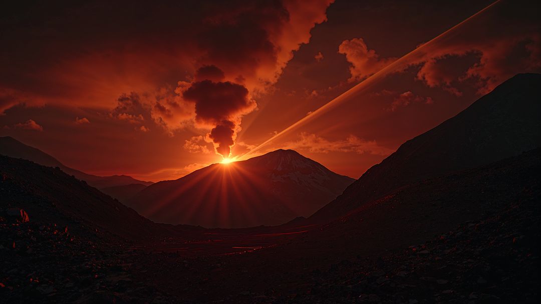 Erupting Volcano with Fiery Plume and Glowing Dusk Light